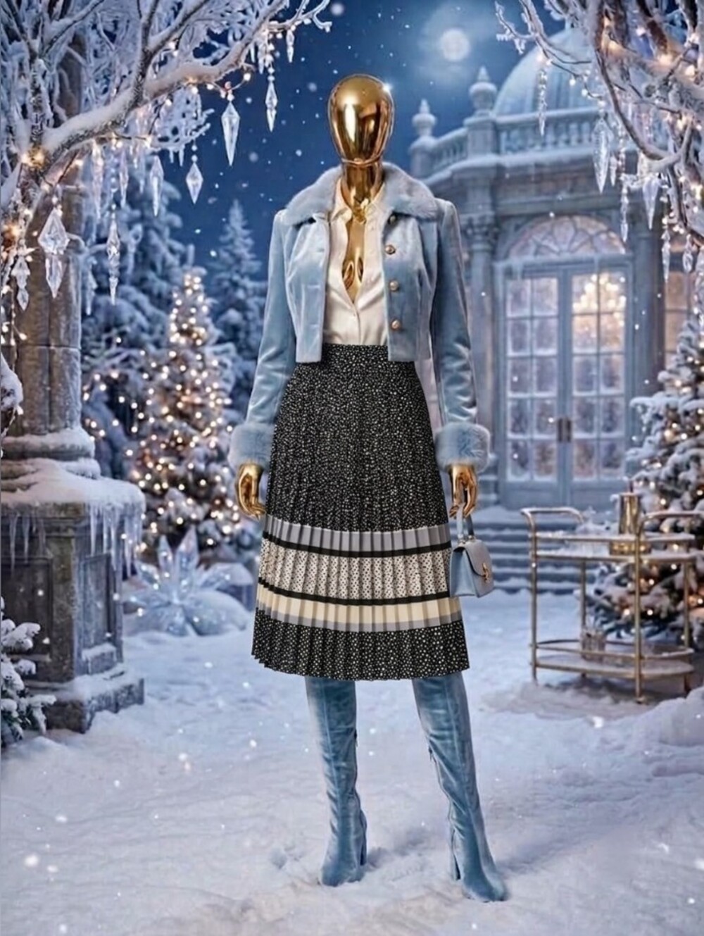 Black Patterned Midi Skirt with Neutral Stripe Accents